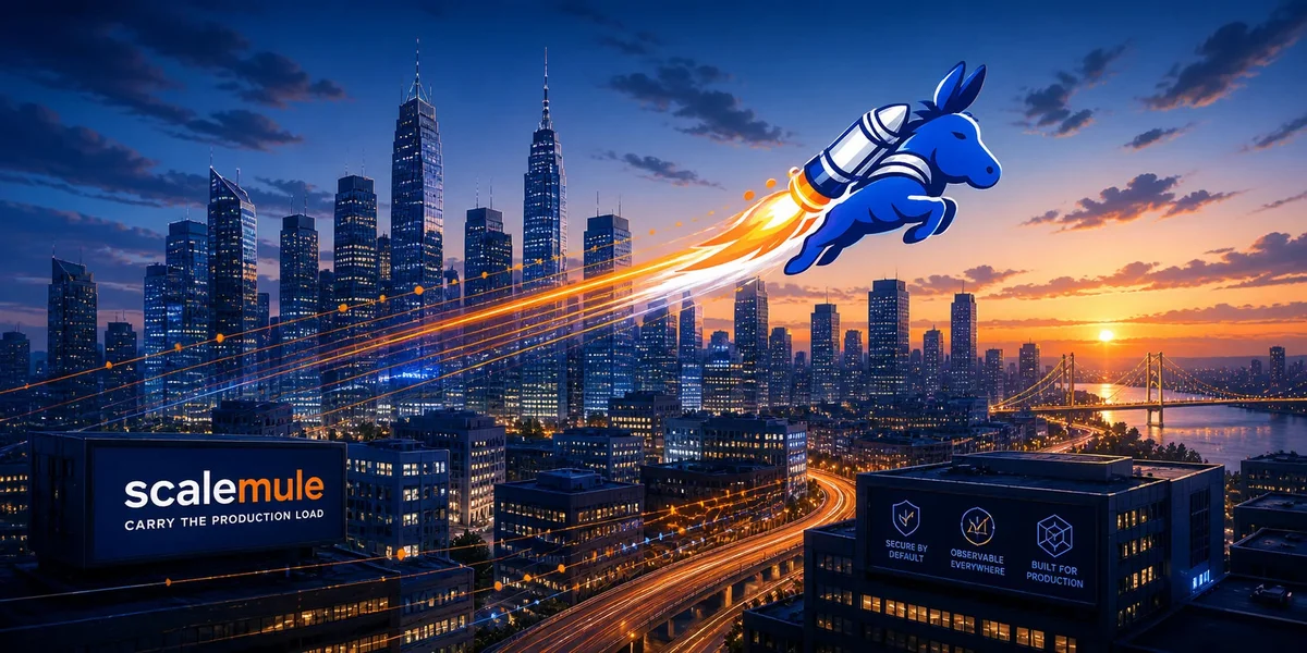 ScaleMule jetpack mule lifting off above a city skyline at dusk with a ScaleMule billboard.