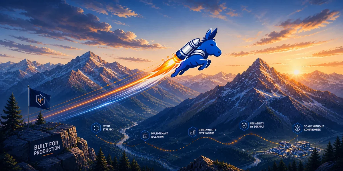ScaleMule jetpack mule above a mountain range with production-readiness capability badges.