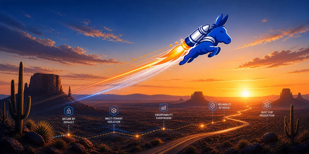 ScaleMule jetpack mule above a desert horizon with capability badges for security, isolation, observability, reliability, and production.