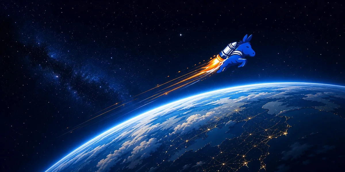 ScaleMule jetpack mule arcing above the Earth in deep space.