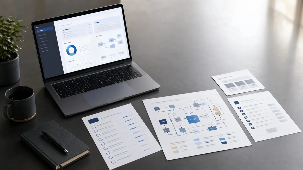 A laptop and printed materials arranged for technical and trust review.