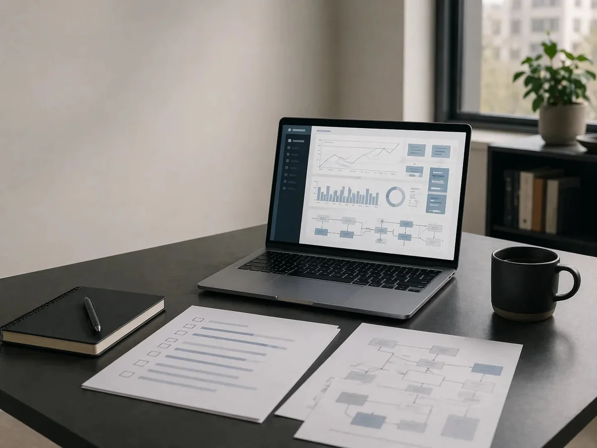 A laptop showing evaluation dashboards beside architecture printouts and review documents.