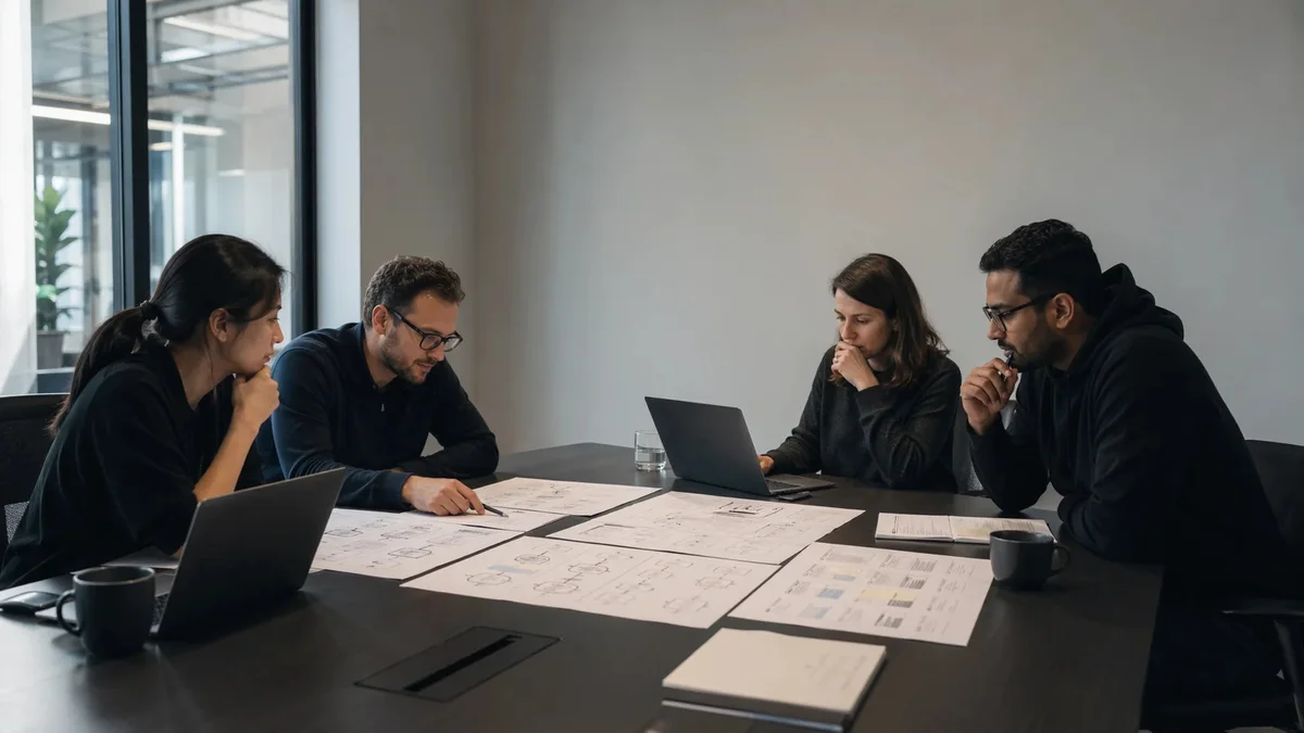 A small working session reviewing product and infrastructure diagrams around a conference table.