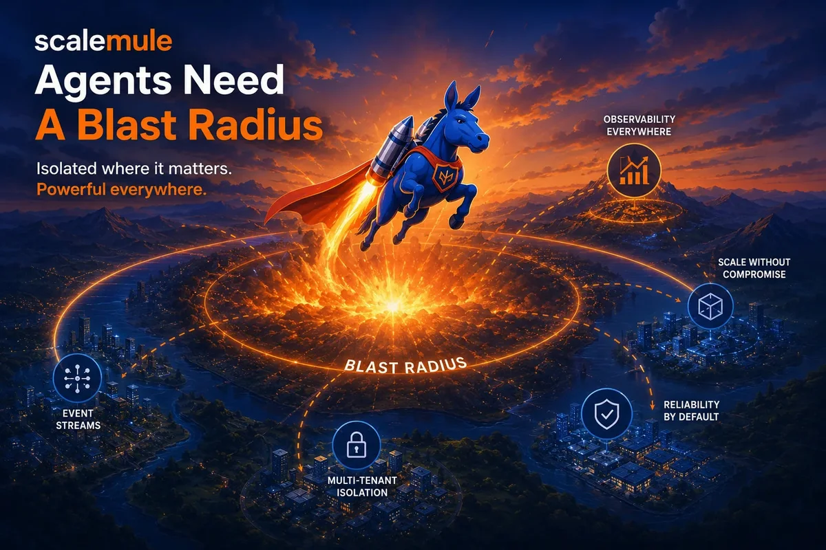 Blue ScaleMule rocketing above an orange blast-radius circle with icons for event streams, multi-tenant isolation, reliability, scale, and observability.