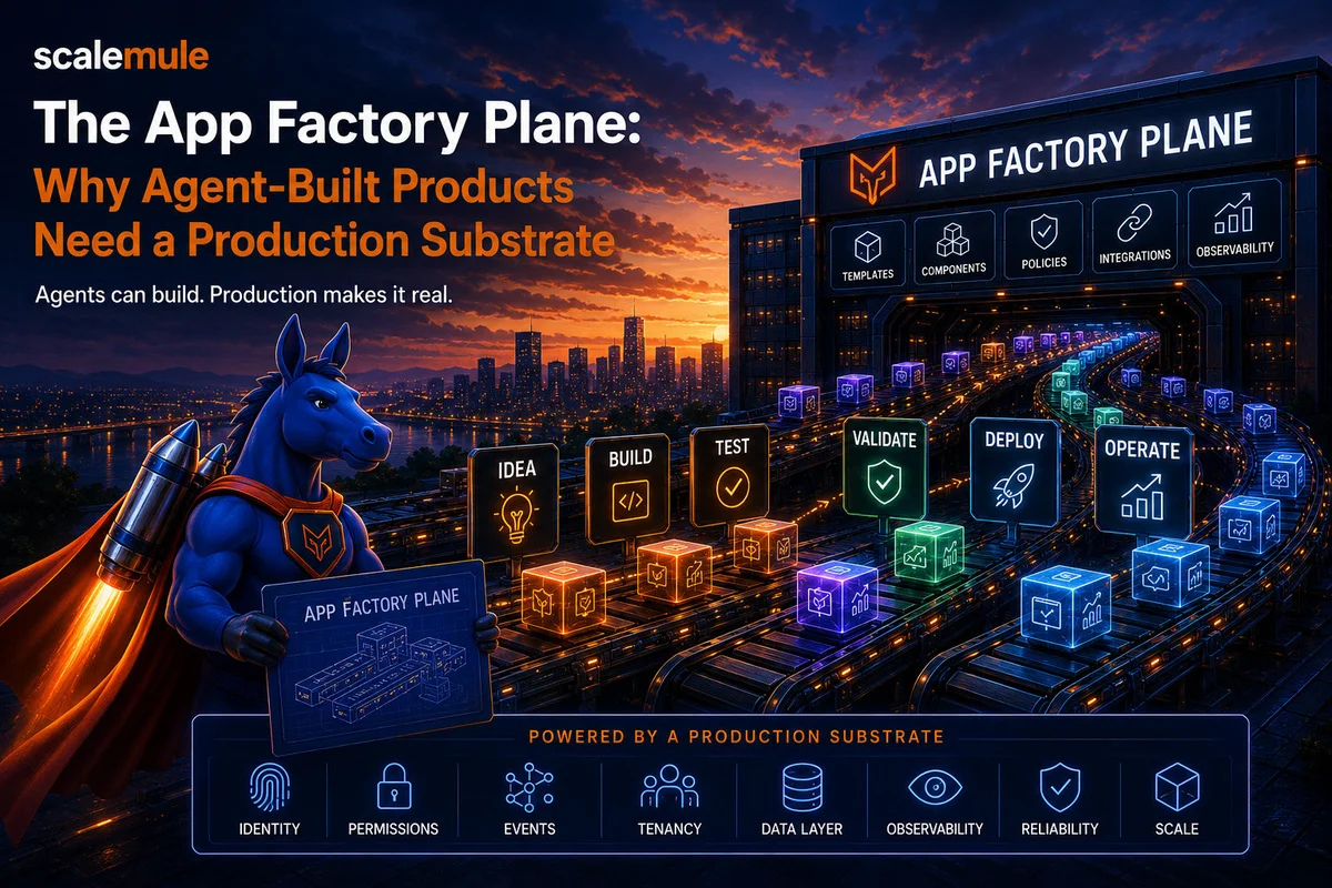 Blue ScaleMule mule beside an 'App Factory Plane' tablet, with idea, build, test, validate, deploy, and operate stages flowing across a production substrate of identity, permissions, events, tenancy, data layer, observability, reliability, and scale.