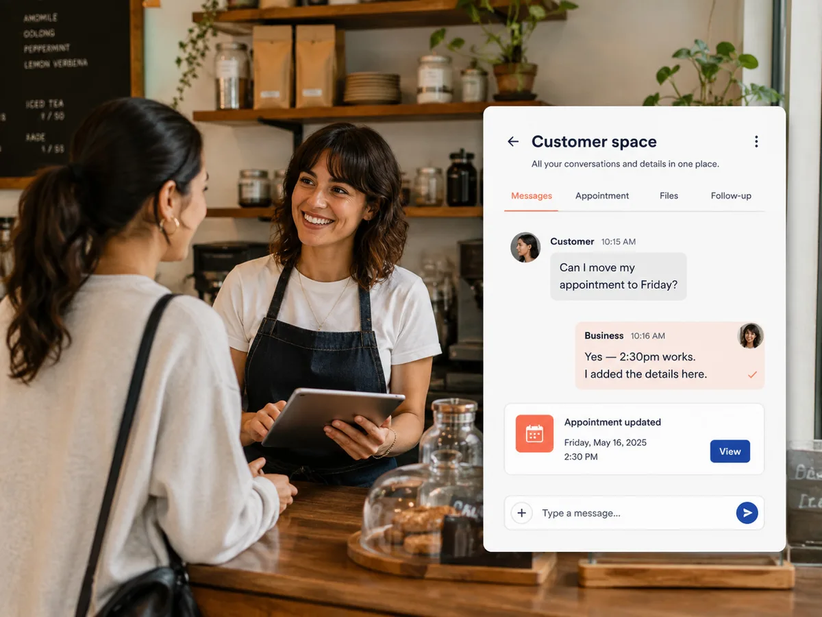 Small business owner helping a customer with a CoralMeet-style conversation card showing appointment details.
