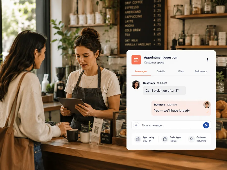 Coffee shop customer conversation with a CoralMeet-style card for pickup or appointment details.