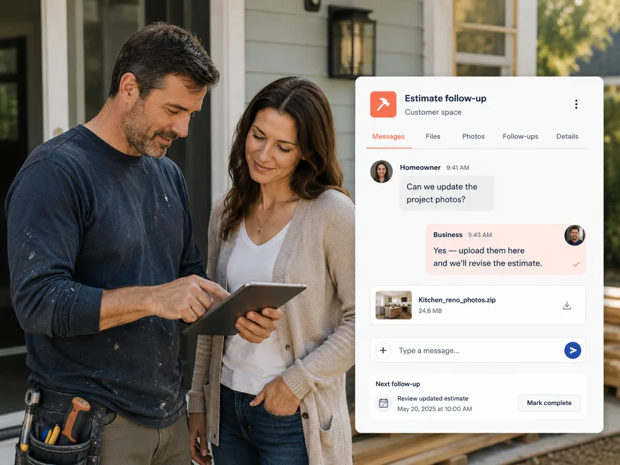 Contractor and homeowner reviewing project details with a CoralMeet-style estimate follow-up card.