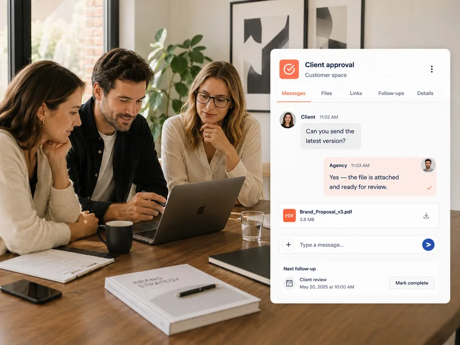 Professional service team reviewing client work with a CoralMeet-style approval conversation card.