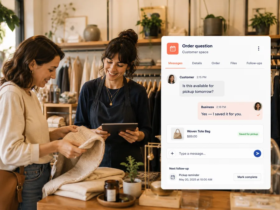 Boutique customer asking about product pickup with a CoralMeet-style order question card.