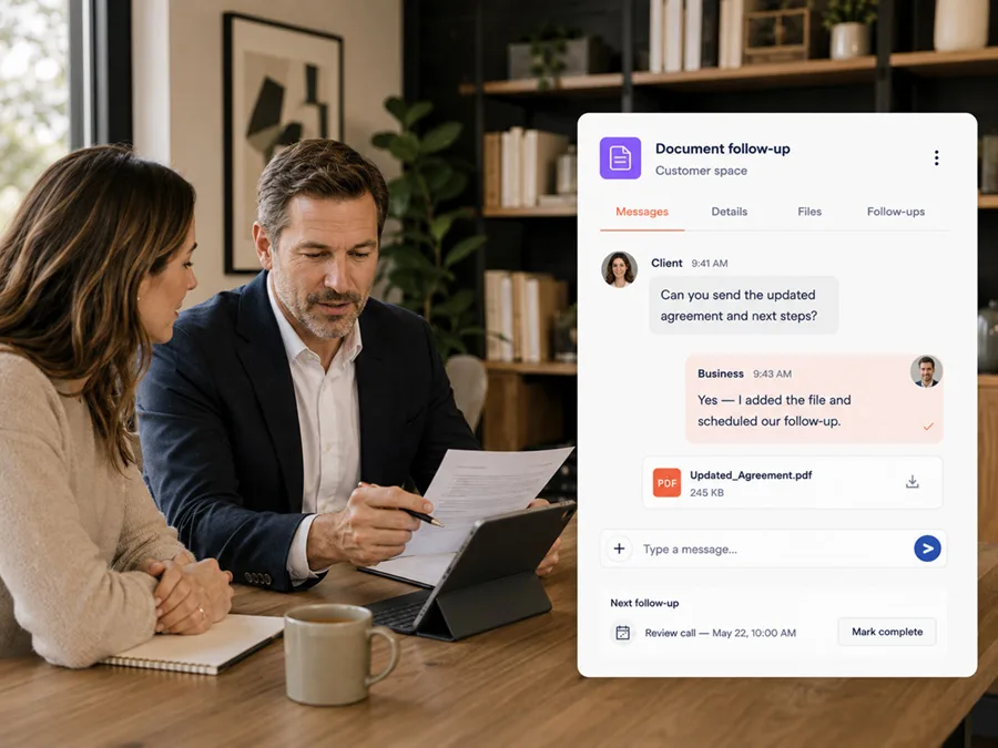 Professional service customer conversation with documents, scheduling details, and a CoralMeet-style conversation card.
