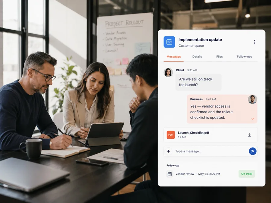 B2B team coordinating vendor and client implementation details with a CoralMeet-style conversation card.