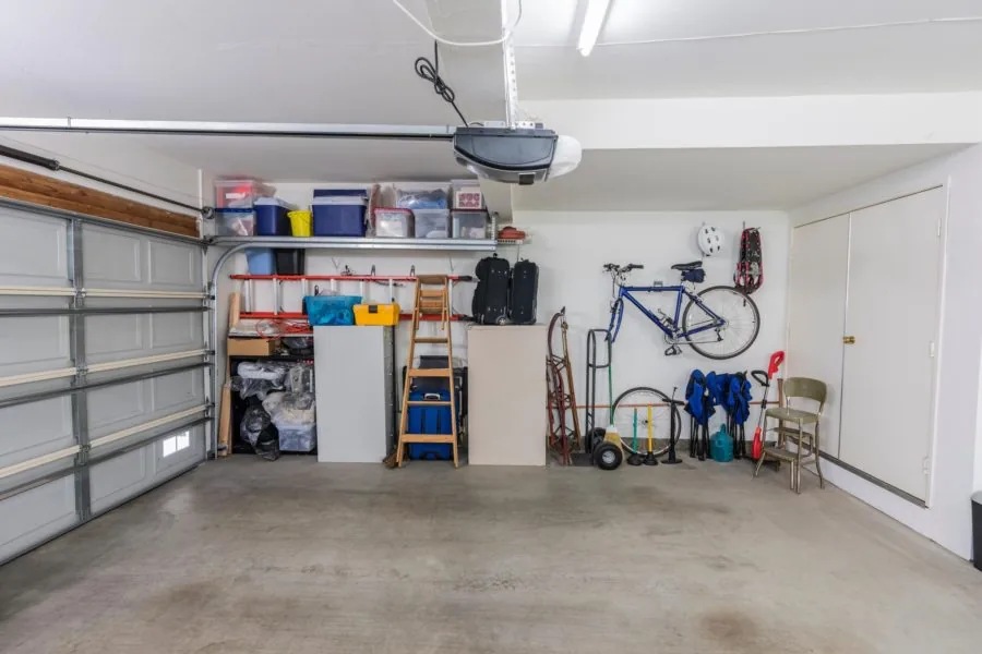 A garage with stored belongings