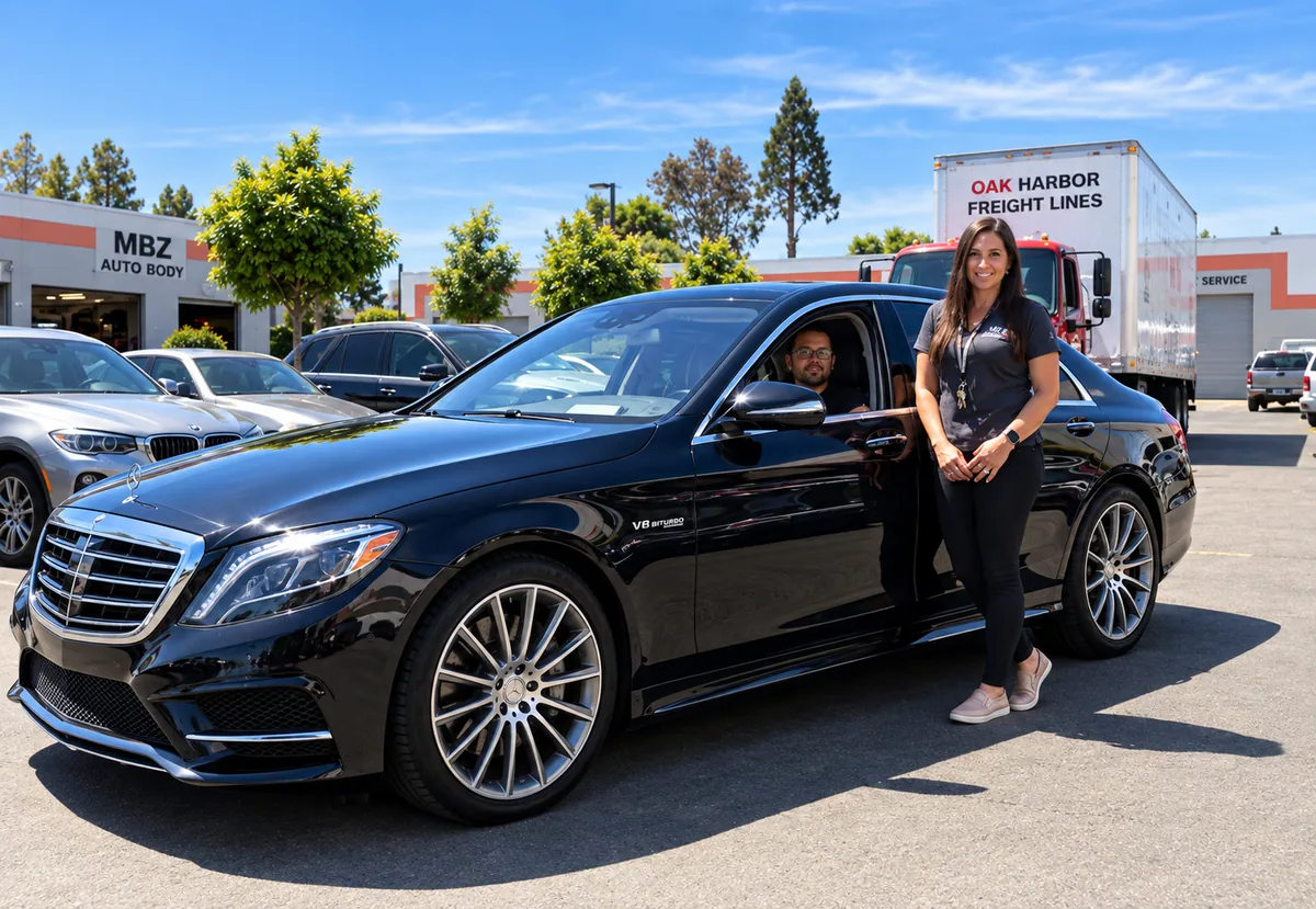 A Mercedes-Benz parked outside MBZ, with a woman beside it and a man in the driver’s seat