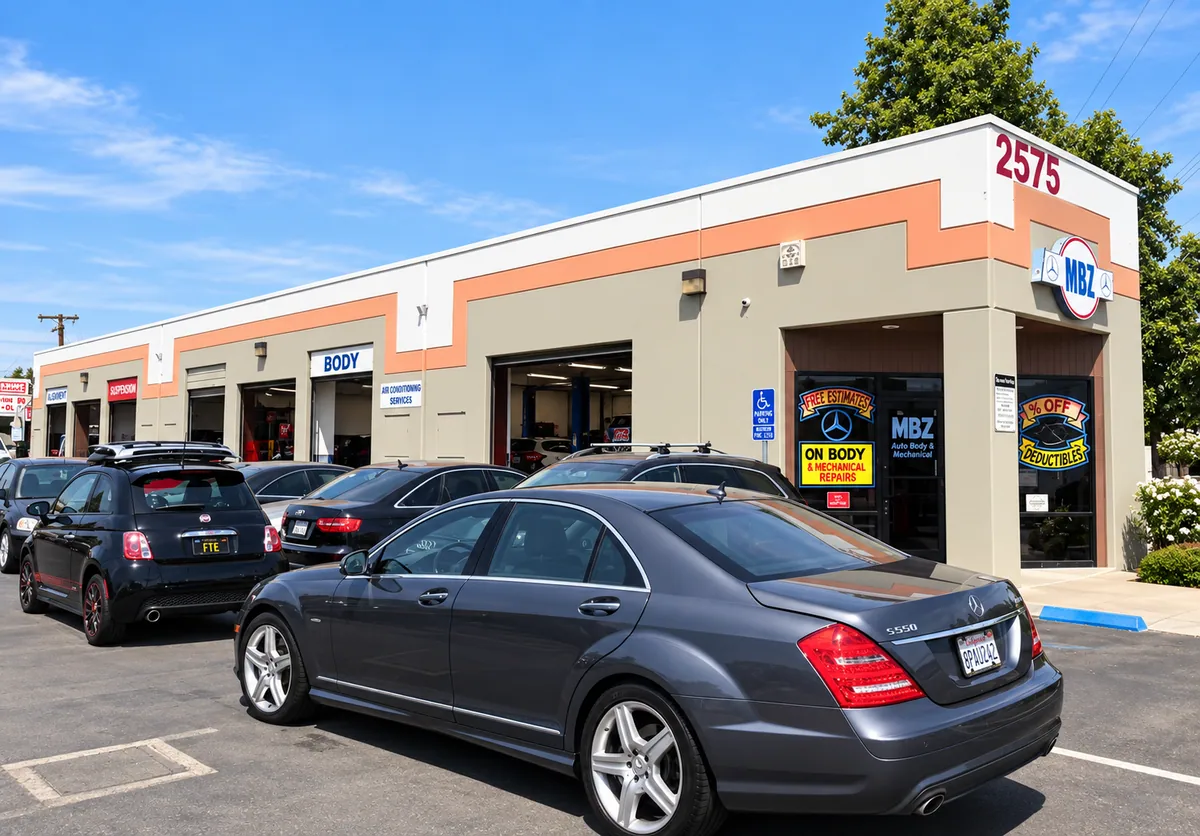 Exterior of MBZ in Concord with service bays and cars parked outside