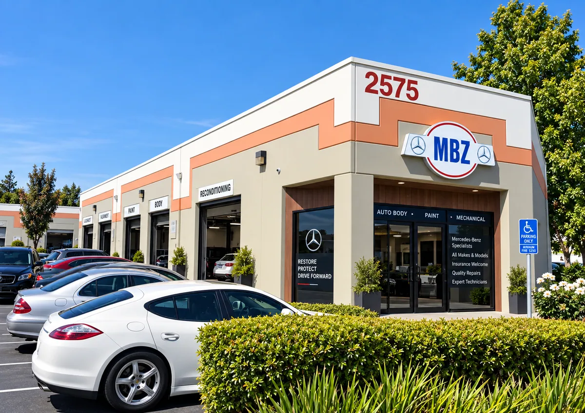 MBZ Auto Body & Mechanical entrance and service bays at 2575 Monument Boulevard in Concord