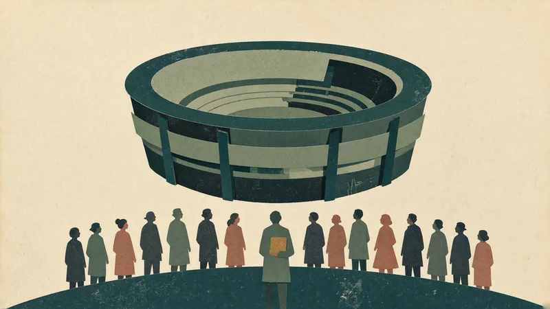 Flat-color graphic showing a curved teal roofline with ochre cylindrical columns rising from a white field and three simplified dark silhouettes standing at the base between the columns