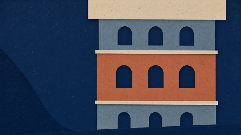 Flat geometric illustration of a three-story building facade in stacked rectangles: top and bottom sections in textured blue-gray with arched windows, middle section highlighted in terracotta-orange with three arched windows, set against a dark navy background with a light beige roof element.