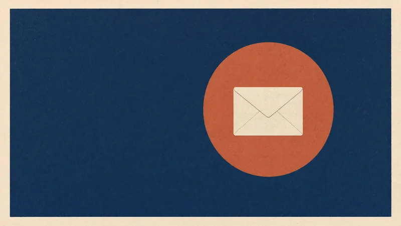 Navy blue rectangle with off-center terracotta circle containing a small white envelope icon; thumbnail crops tightly to the circle and envelope on the same navy field