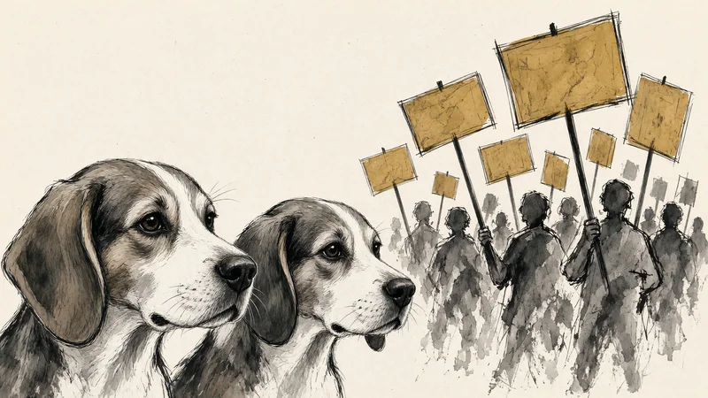 Ink wash illustration: two expressive beagles in foreground profile facing right, silhouetted protesters holding blank ochre-washed signs receding into negative space on the right