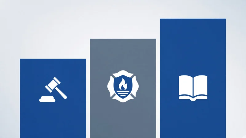 Three staggered rectangular panels of increasing height on a light background: left blue panel with white gavel icon, middle gray panel with white fire department shield containing flame, right blue panel with white open book icon.