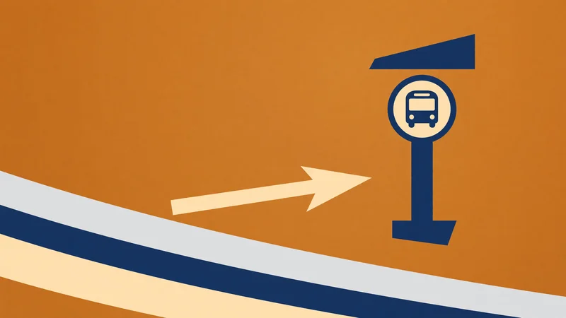 Stylized screenprint illustration showing five bus stop poles in a row on a green textured hill against a beige background; four poles have dark blue signs with bold red X marks, the rightmost pole has an unmarked green sign, all rendered in flat limited colors with visible texture.