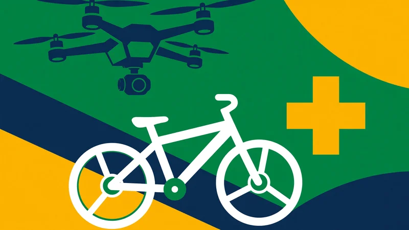 Flat graphic with dark drone silhouette above white bicycle and yellow cross on green field with yellow circle and diagonal stripes