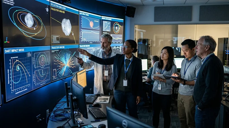 Researchers in a supercomputing visualization lab at Lawrence Livermore National Laboratory examining 3D asteroid trajectory models