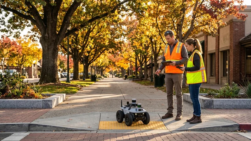 Civil engineers with tablets observing a compact wheeled autonomous survey robot on a brick and concrete sidewalk in Pleasanton under autumn trees