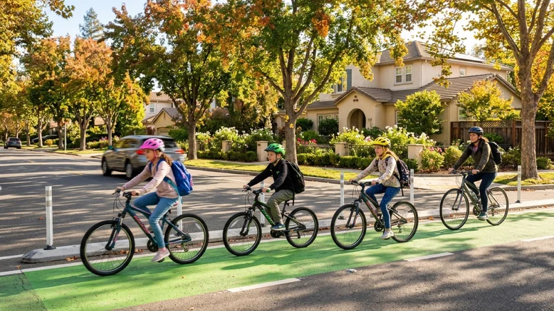 Families and students wearing helmets riding bicycles along a green painted bike lane on a tree-lined street in Pleasanton California