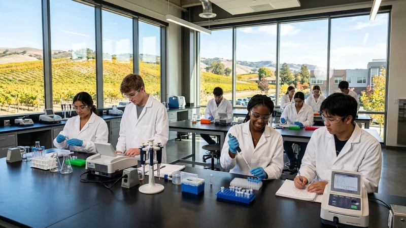 High school and college students in white lab coats using micropipettes in a modern biotechnology lab at Las Positas College in Livermore California