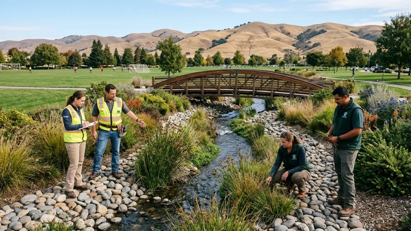 Water engineers and municipal staff inspecting a stone stormwater bioswale and pedestrian bridge at Emerald Glen Park in Dublin California