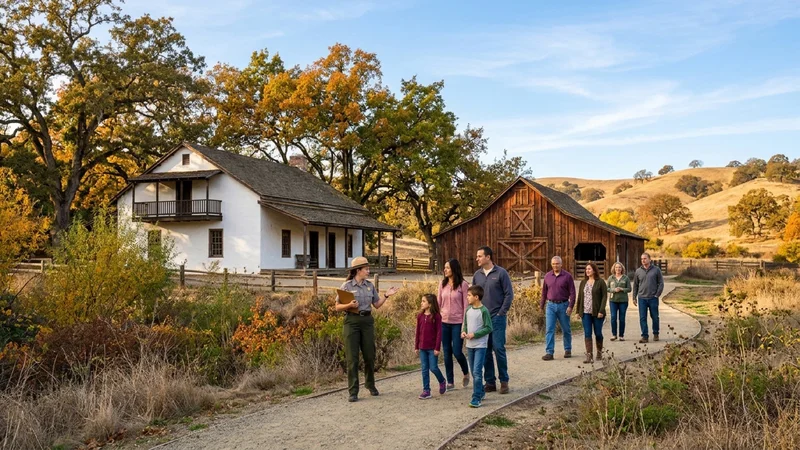 Historic whitewashed Alviso Adobe ranch house and wooden dairy barn in Pleasanton California with a naturalist guiding visitors under oak trees