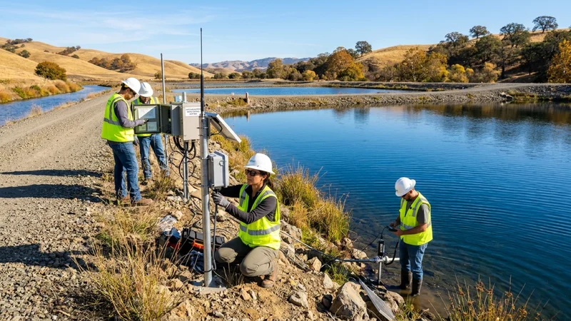 Hydrologists inspecting water recharge monitoring gauges along the Arroyo Mocho canal and Chain of Lakes recharge basins in Pleasanton and Livermore