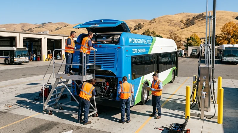 LAVTA Wheels transit mechanics in safety vests inspecting a zero-emission hydrogen fuel-cell bus at the Rutan Drive maintenance facility in Livermore