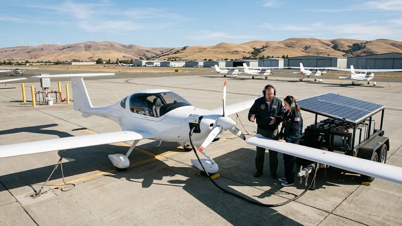 Aviation instructors and flight students inspecting a two-seat battery-electric training aircraft plugged into a mobile solar charger at Livermore Municipal Airport