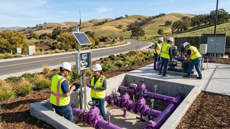 Dublin San Ramon Services District water engineers in hardhats inspecting purple-pipe recycled water booster valves along Dougherty Road in Dublin