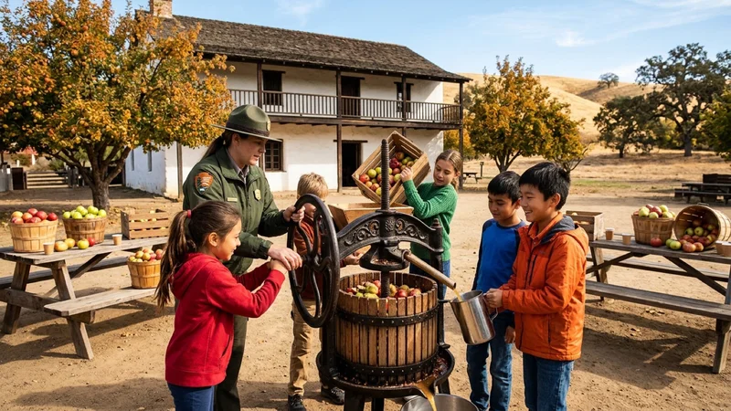 Park naturalists and elementary students operating a traditional wooden hand-cranked apple cider press at Alviso Adobe Community Park in Pleasanton