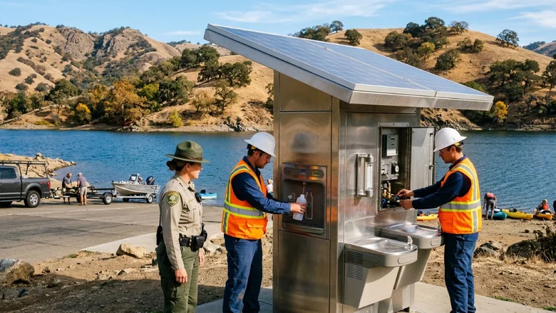 Park rangers and water technicians inspecting a newly installed off-grid solar water-filtration and drinking water station at Del Valle Regional Park in Livermore