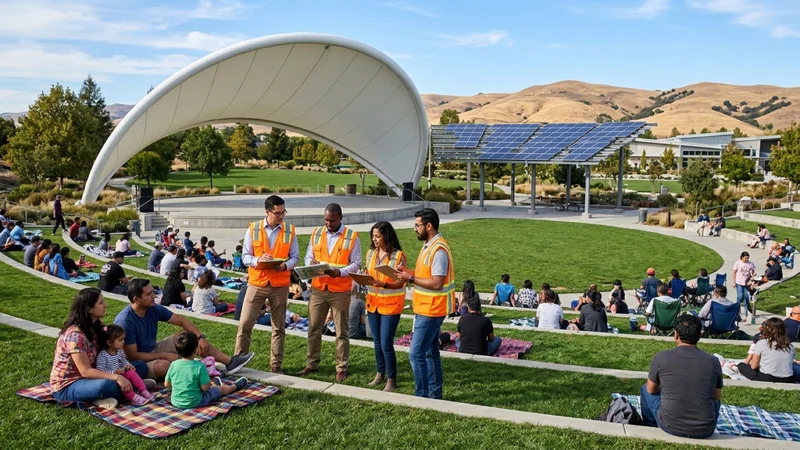 Families and civic engineers inspecting a new white architectural acoustic stage canopy and solar pergola at Emerald Glen Park Amphitheater in Dublin