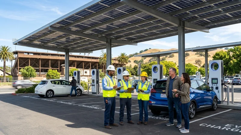 Electrical engineers and EV drivers beside a row of fast-charging pedestals beneath a steel solar-panel carport canopy at the Alameda County Fairgrounds in Pleasanton