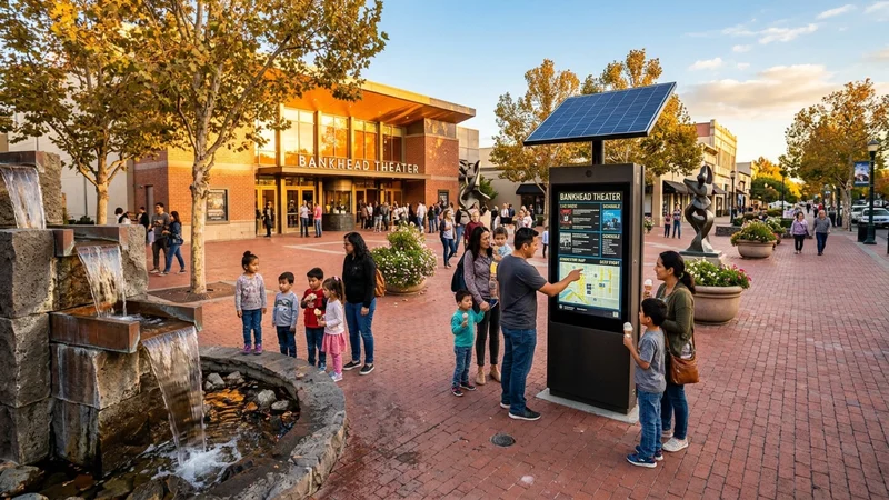 Families and arts patrons gathered around an interactive digital wayfinding kiosk and low-flow water fountain outside the Bankhead Theater in downtown Livermore