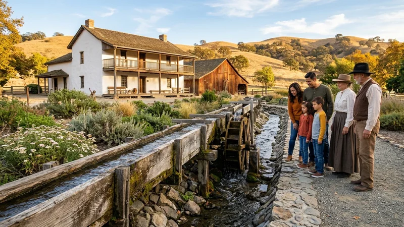 Park docents and families examining a restored wooden orchard irrigation water flume and native ethnobotanical stone garden beside the historic whitewashed Alviso Adobe in Pleasanton
