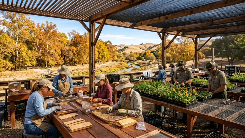 Park rangers and volunteers sorting native California bunchgrass seeds and tending milkweed seedlings inside a sunlit timber shadehouse nursery at Sycamore Grove Park in Livermore