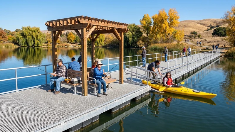 Tri-Valley anglers and kayakers on an aluminum floating fishing pier and adaptive kayak launch ramp under a timber shade canopy overlooking the lake at Shadow Cliffs in Pleasanton