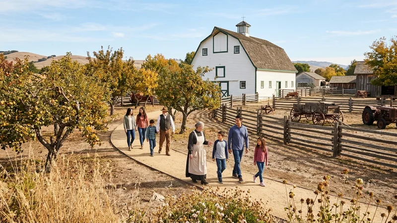 Families and museum docents walking along a decomposed-granite path through an heirloom orchard in front of the restored white 1910 Kolb Ranch wooden dairy barn at Dublin Heritage Park in Dublin