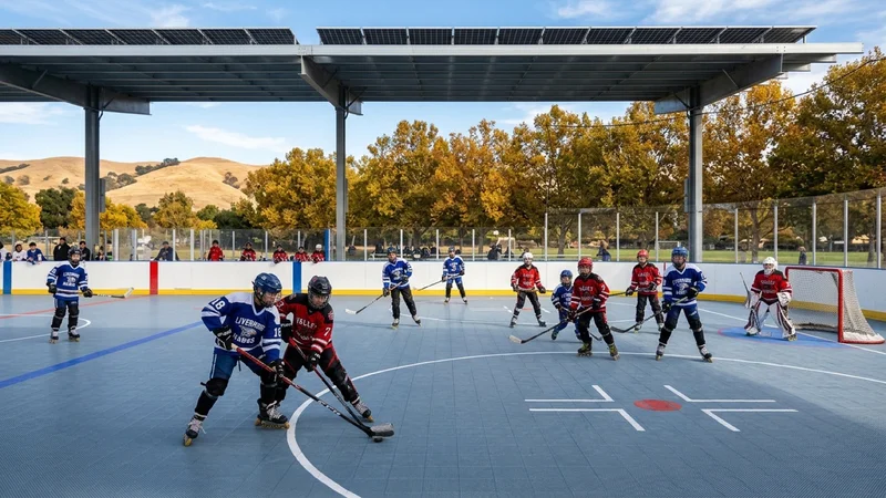 Youth inline roller hockey players skating across a blue-and-grey modular sport-tile rink surrounded by tempered glass dasher boards beneath a steel solar shade canopy at Robertson Park in Livermore