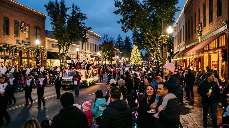 Evening holiday lights on trees and historic storefronts along Main Street in downtown Pleasanton with families on the sidewalk