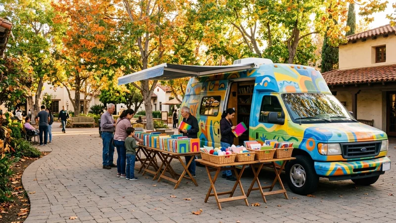 Pleasanton Library and Recreation outreach vehicle parked at a senior community courtyard with books and crafts