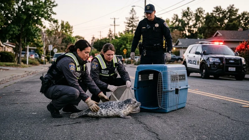 Police officers and marine mammal rescue workers guiding a seal into a transport carrier on an East Bay roadway